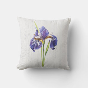 Lila Iris auf weißem Holz Kissen