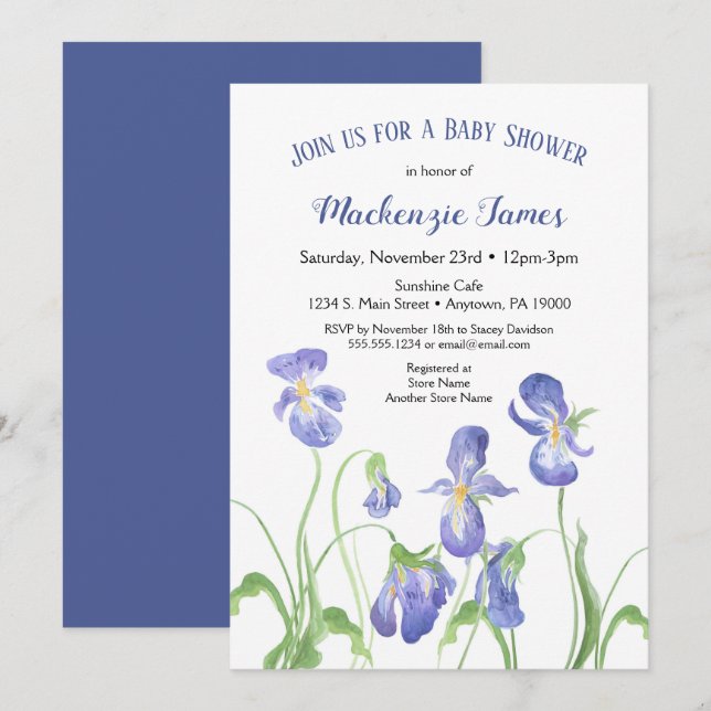 Lila Iris Baby Dusche Einladung Frühling Blumen (Vorne/Hinten)
