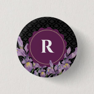 Lila Iris Black Damask Monogram Button