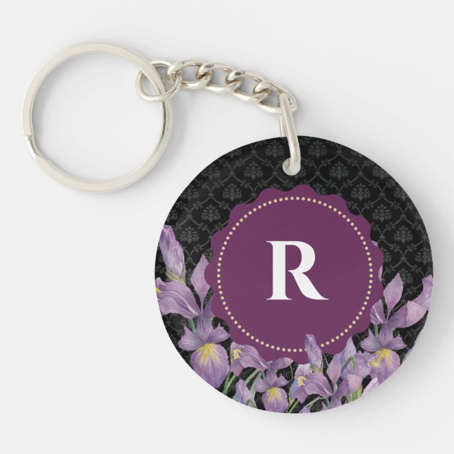 Lila Iris Black Damask Monogram Schlüsselanhänger (Vorderseite)