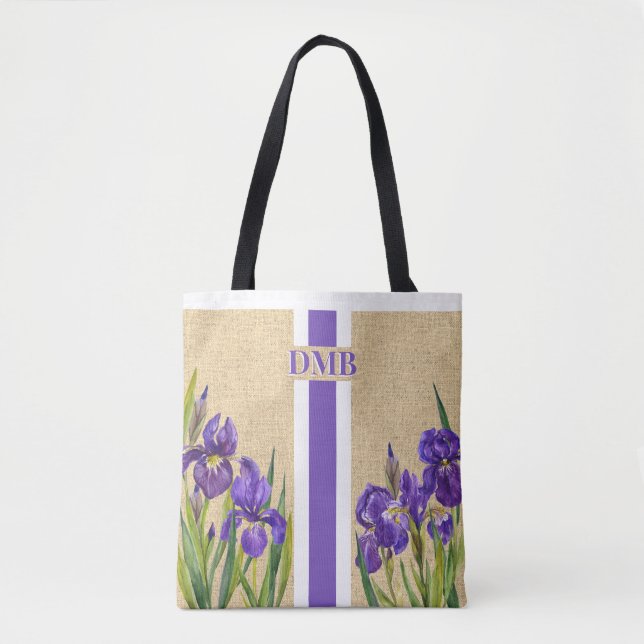 Lila Iris Blume Monogram Imitate Burlap Jute Tasche (Vorderseite)