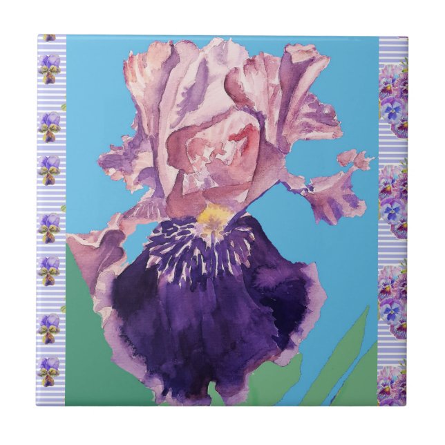 Lila Iris-Blume Wasserfarbe Irises Keramik Tile Fliese (Vorderseite)