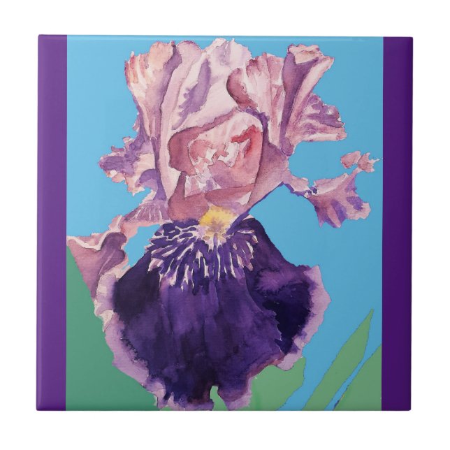 Lila Iris-Blume Wasserfarben verleiht Keramik Tile Fliese (Vorderseite)