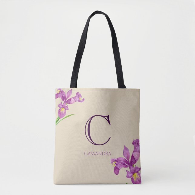 Lila Iris Botanisches Monogramm Tasche (Vorderseite)