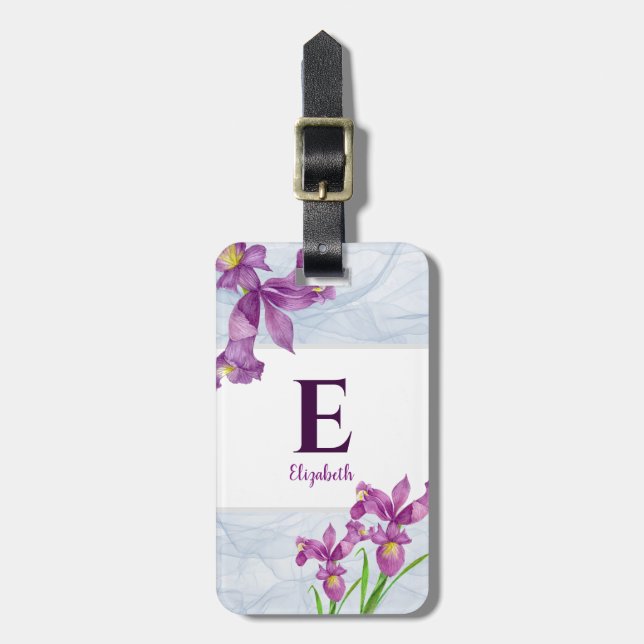 Lila Iris floral Organza Monogramm Gepäckanhänger (Vorderseite vertikal)