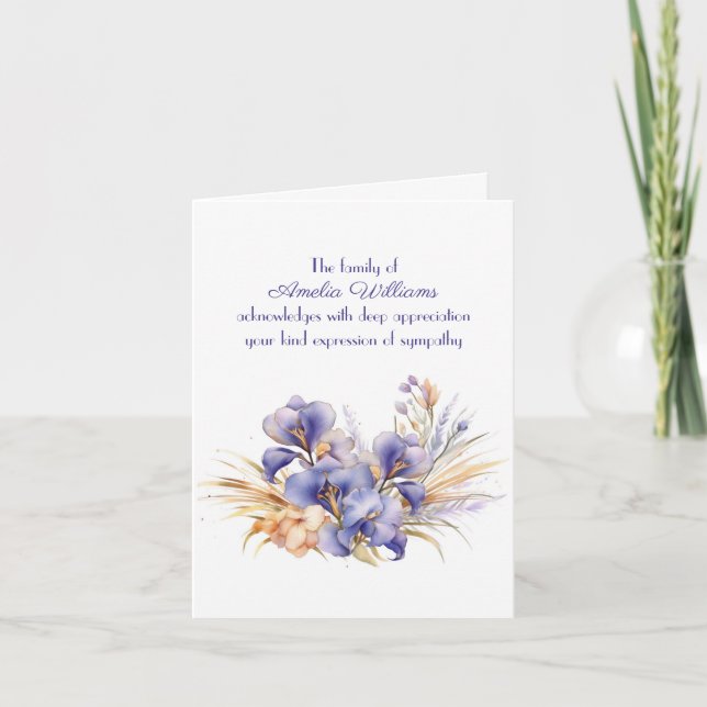 Lila Iris für Beileid Danke von der Familie Karte (Vorderseite)