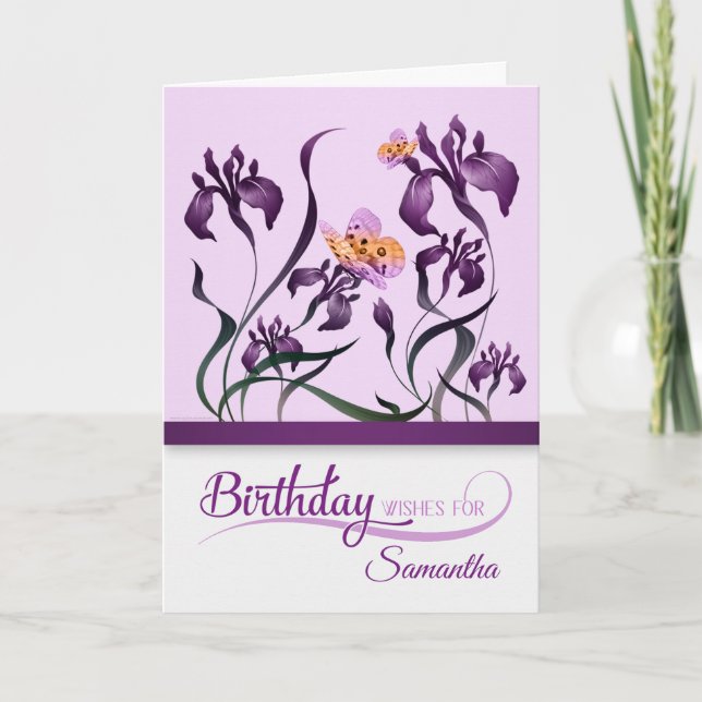 Lila Iris Garden Geburtstag mit Namen Karte (Vorderseite)