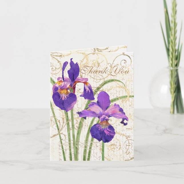 Lila Iris Gold Damask White Dankeskarte (Vorderseite)