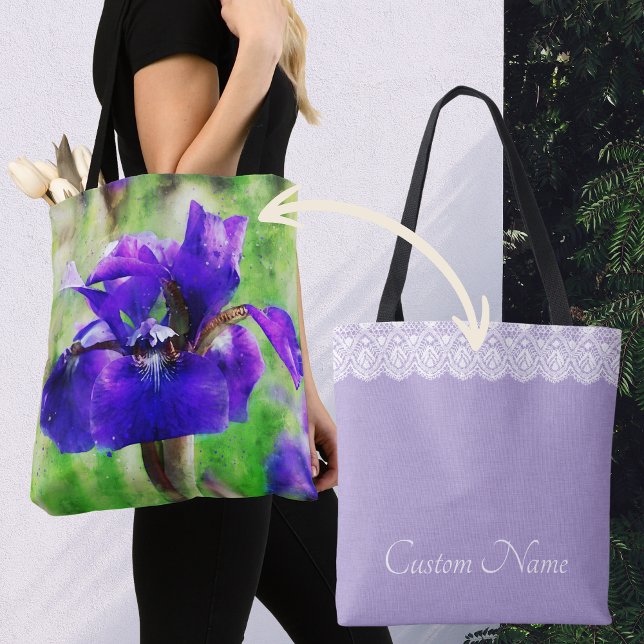 Lila Iris Lilac und Imitats Lace kundenspezifisch Tasche (Purple Iris watercolor style bag with lavender back, "lace" and customizable text great gift for mom)