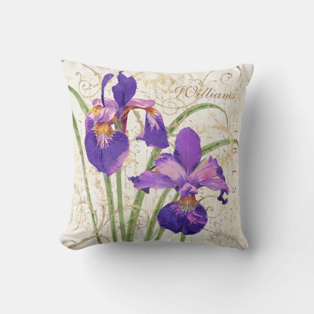 Lila Iris-mit Monogramm Name Kissen (Vorderseite)
