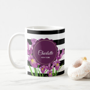 Lila Iris-Muster für Schwarz-weiße Streifen Kaffeetasse