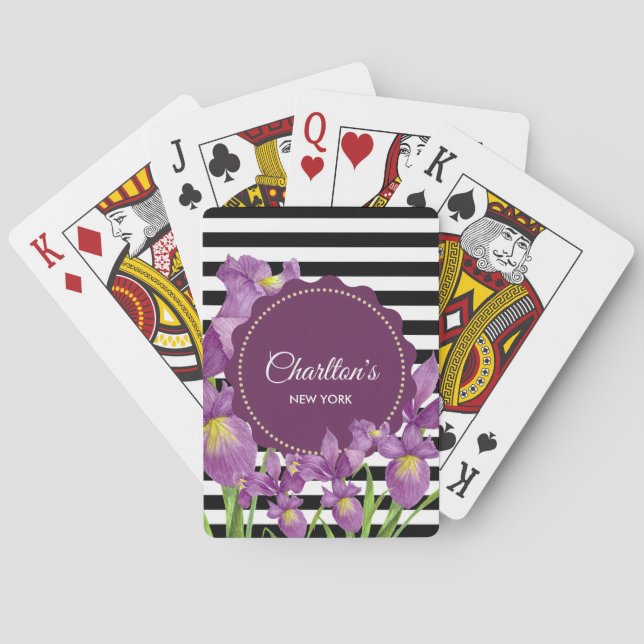 Lila Iris-Muster für Schwarz-weiße Streifen Spielkarten (Rückseite)