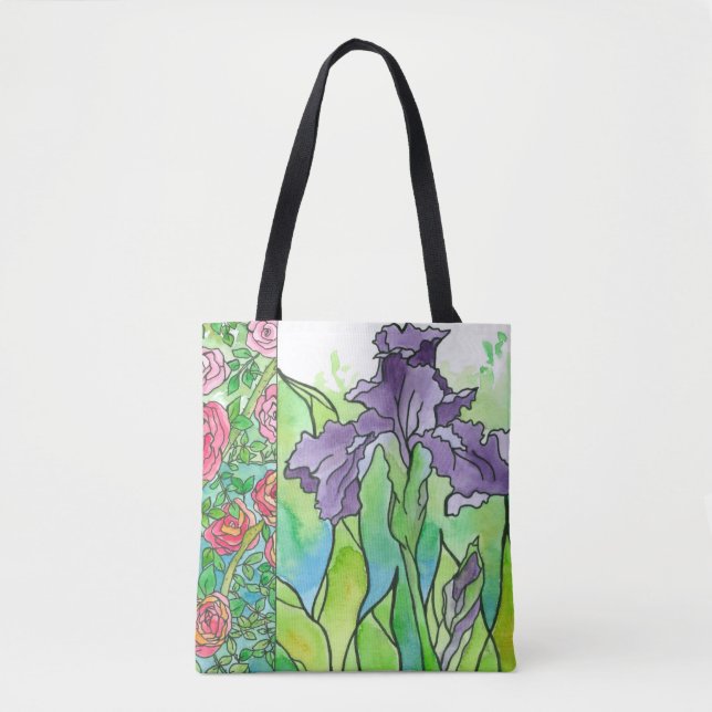 Lila Iris Pink Roses Große Blume Tasche (Vorderseite)