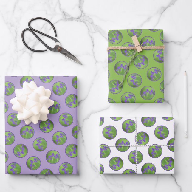 Lila Iris Trio Malerei Original Blume Kunst Geschenkpapier Set (Vorderseite)