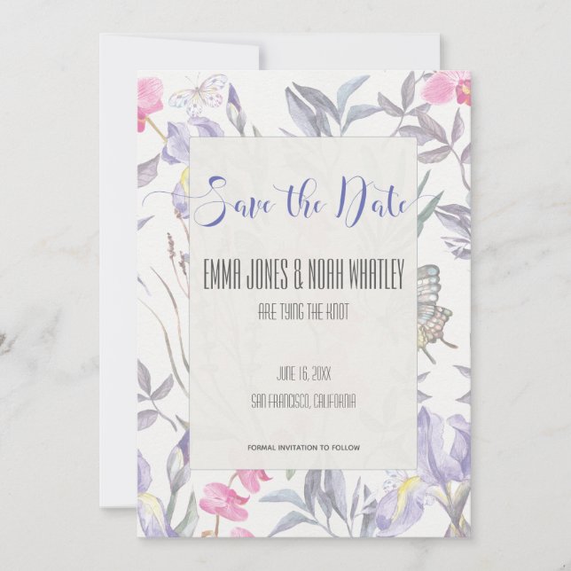 Lila Iris Wasserfarbe Hochzeit Speichern Sie die D Save The Date (Vorderseite)