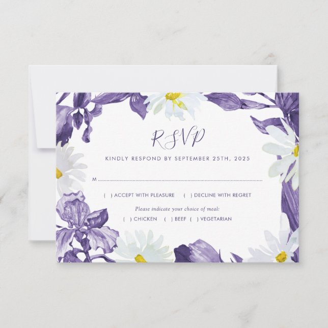 Lila Iris White Daisy Botanical Meetings RSVP Karte (Vorderseite)