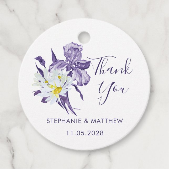 Lila Iris White Daisy Botanical Wedding Danke Geschenkanhänger (Vorderseite)