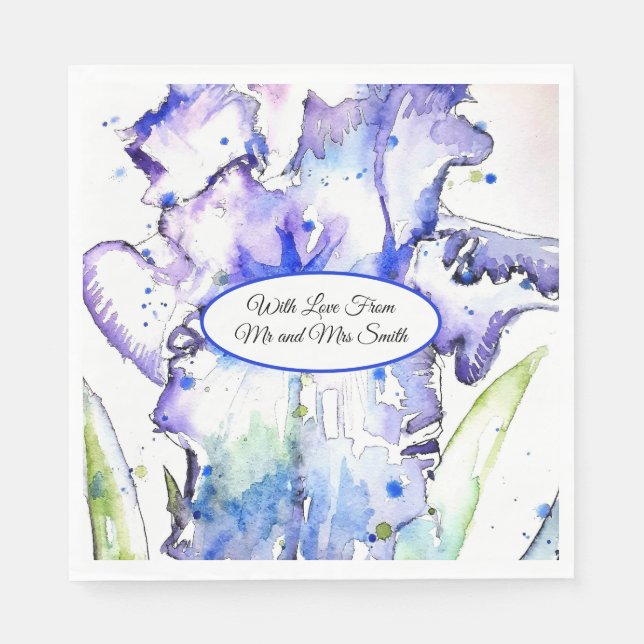 Lila irisierende Wasserfarbe Iris Blau Hochzeit Serviette (Vorderseite)