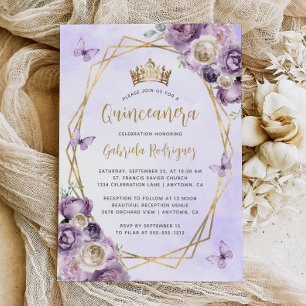 Lila Ivory Gold Geometric Floral Quinceañera Einladung
