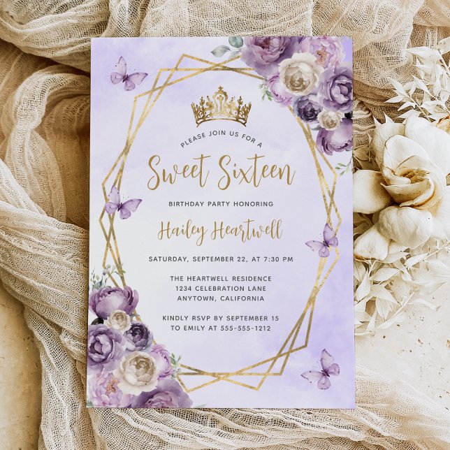 Lila Ivory Gold Geometric Floral Sweet 16 Party Einladung (Von Creator hochgeladen)