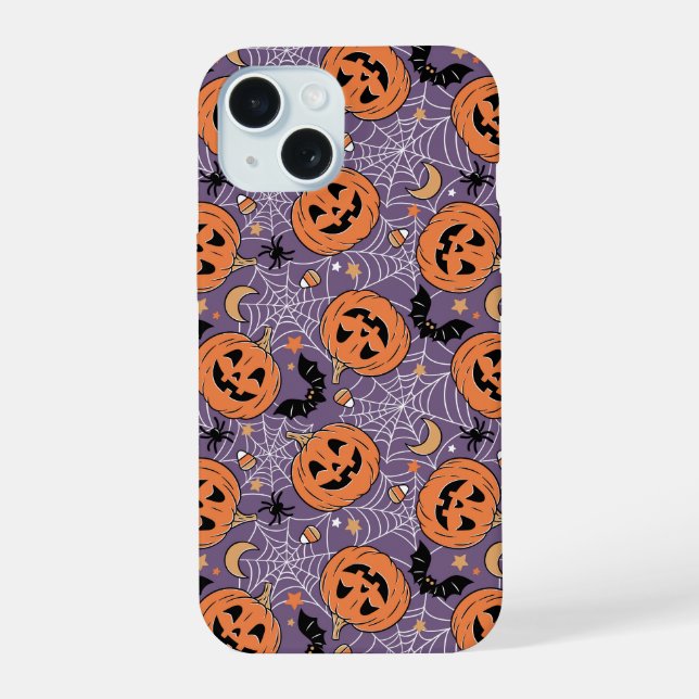 Lila Jack-O-Lantern Halloween-Muster iPhone 15 Hülle (Rückseite)