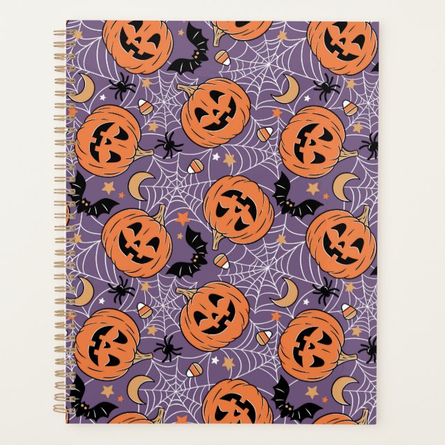Lila Jack-O-Lantern Halloween-Muster Planer (Vorderseite)