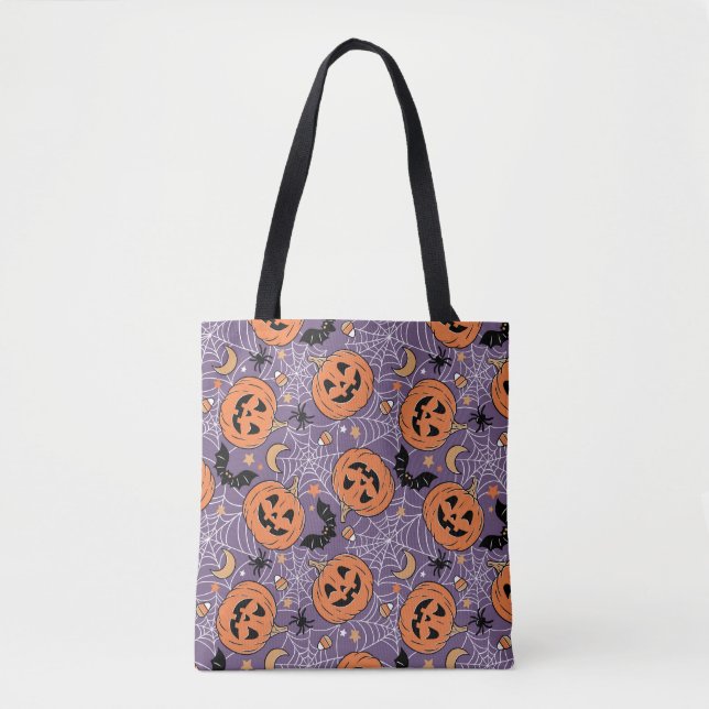 Lila Jack-O-Lantern Halloween-Muster Tasche (Vorderseite)