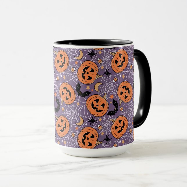 Lila Jack-O-Lantern Halloween-Muster Tasse (VorderseiteRechts)