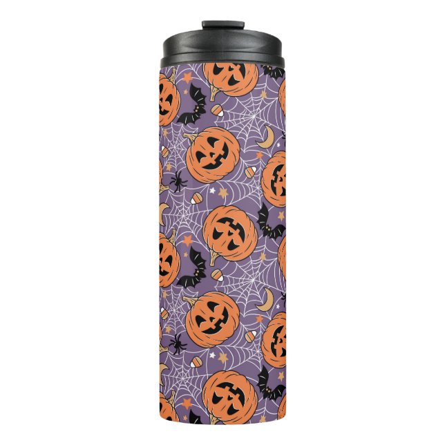 Lila Jack-O-Lantern Halloween-Muster Thermosbecher (Vorderseite)
