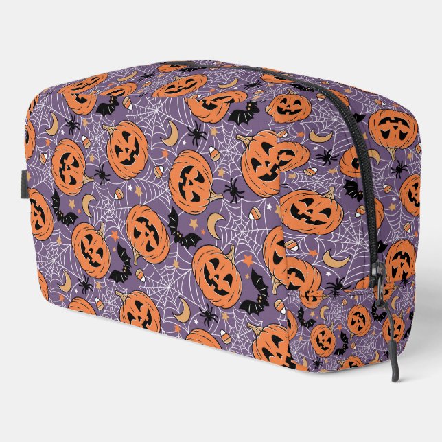Lila Jack-O-Lantern Halloween-Muster Waschbeutel (Rechte Ecke)