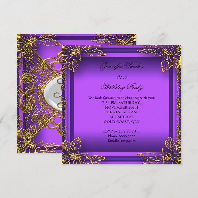 Lila Jeden Anlaß Elite Elegantes Party Gold Einladung (Vorne/Hinten)