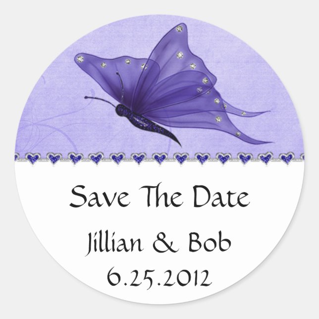 Lila Jewel Hearts Lila Butterfly Save the Date Runder Aufkleber (Vorderseite)