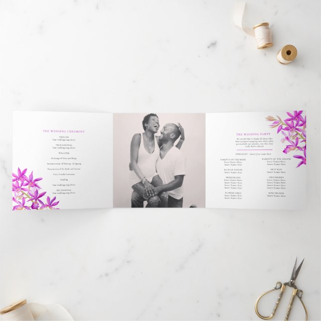 Lila Juwel Orchid Aquarell Foto Hochzeit Dreifach-gefaltete Programmkarte (Innenseite)