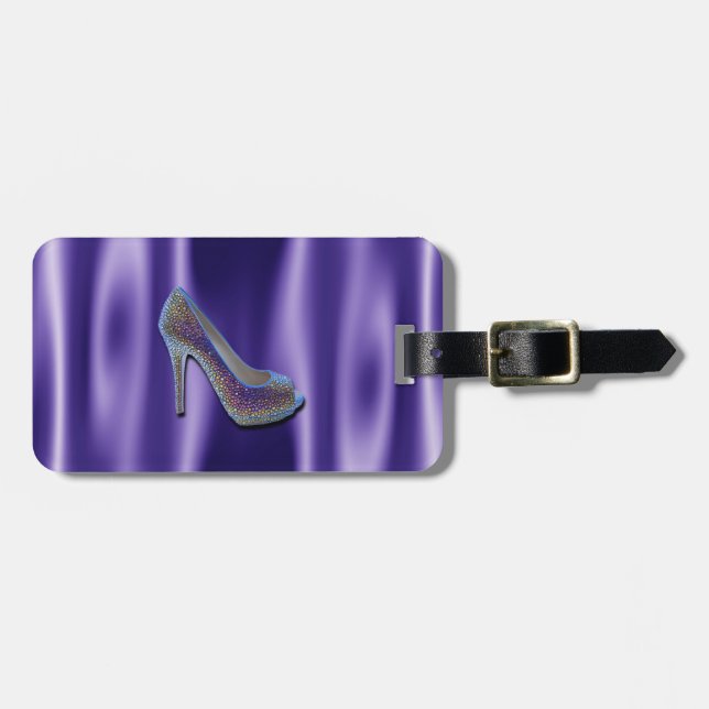 Lila Juwel-Satin-hohe Fersen-Schuh-Kristall Gepäckanhänger (Vorderseite horizontal)
