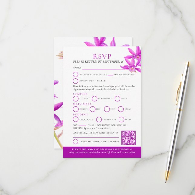 Lila Juwelenorchideenhochzeit RSVP QR (Vorderseite/Rückseite Beispiel)