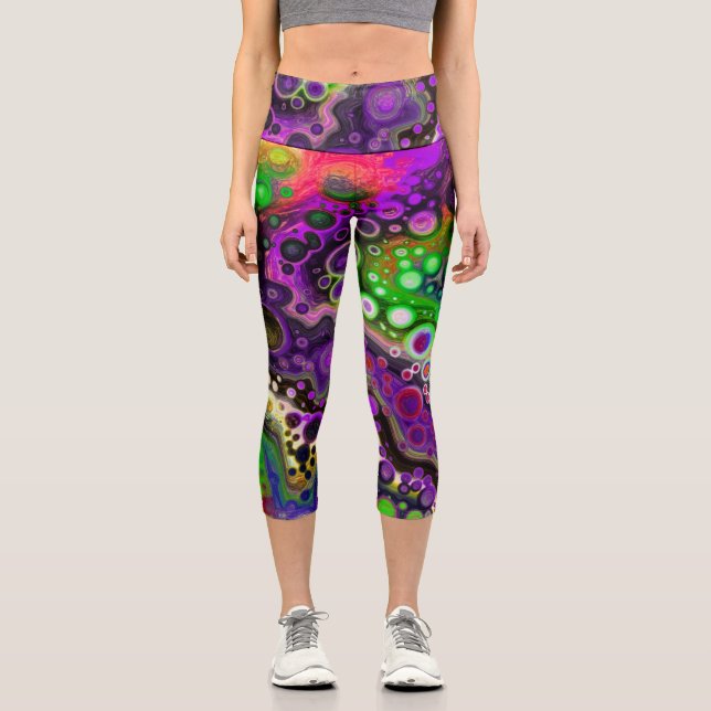 Lila, kalkgrüne und schwarze Marmorlasche Kunst Capri Leggings (Vorderseite)