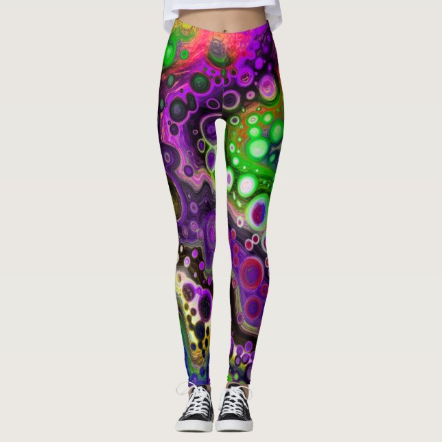 Lila, kalkgrüne und schwarze Marmorlasche Kunst Leggings (Vorderseite)