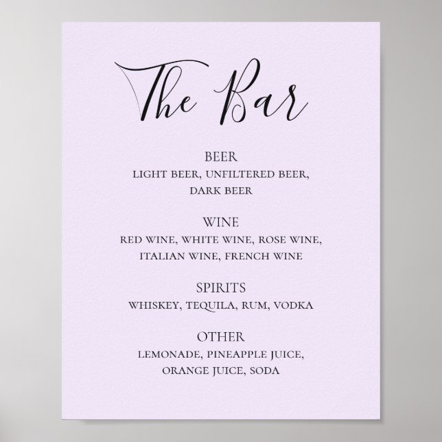 Lila Kalligraphie Skript Hochzeitsgetränke Bar-Men Poster (Vorne)