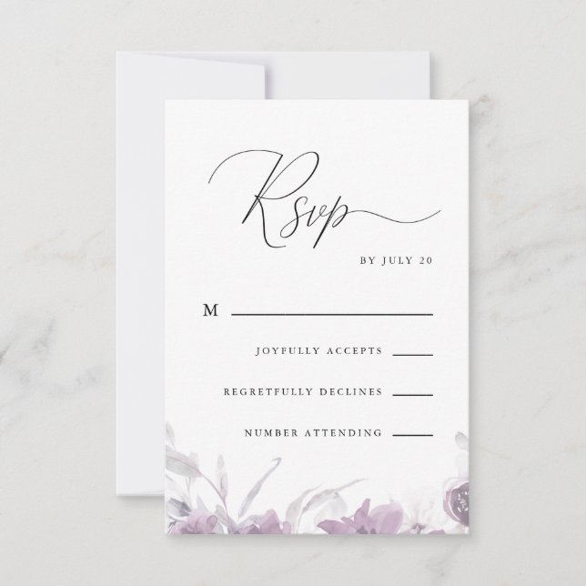 Lila Kalligraphie und blumengeschmückte UAwg RSVP Karte (Vorderseite)