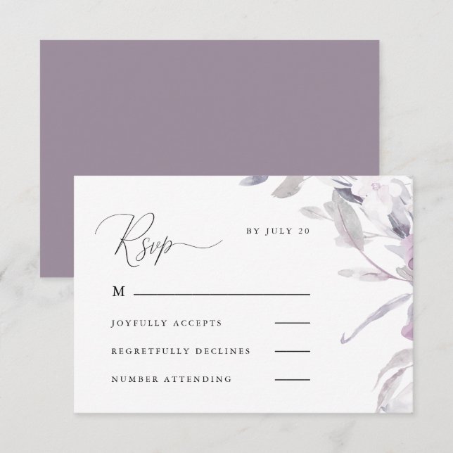 Lila Kalligraphie und blumengeschmückte UAwg RSVP Karte (Vorne/Hinten)