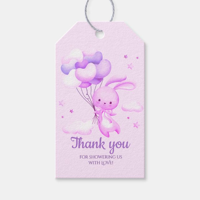 Lila Kaninchen Babydusche Danke Geschenkanhänger (Vorderseite)