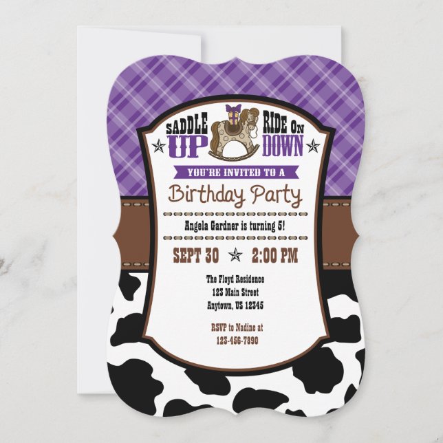 Lila Kariert Cowhide Cowboy Birthday Einladung (Vorderseite)