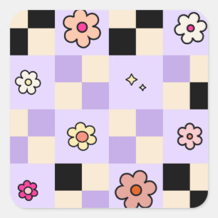 Lila karierte Gänseblümchen Retro-Blumenmuster Quadratischer Aufkleber