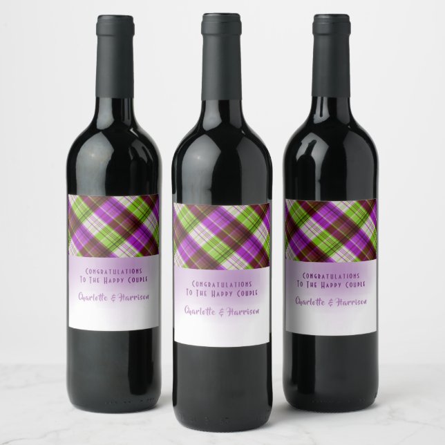 Lila Karierte Hochzeit von Green Tartan Weinetikett (Flaschen)