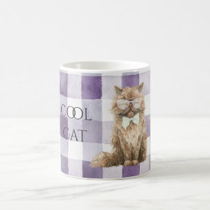 Lila Karierte Streifen Braune Coole Katzenbrille Kaffeetasse