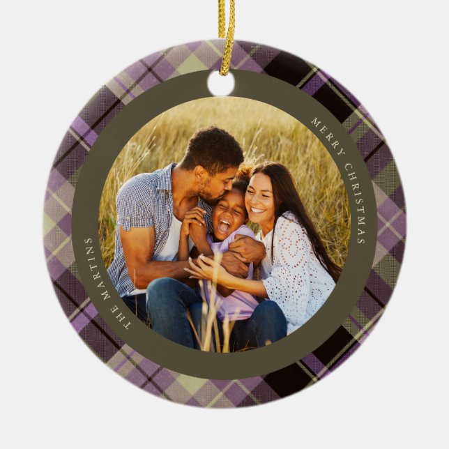 Lila Kariertes Foto Keramik Ornament (Vorne)