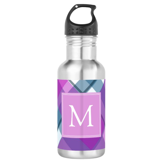 Lila Kariertes Monogramm Edelstahlflasche (Vorderseite)