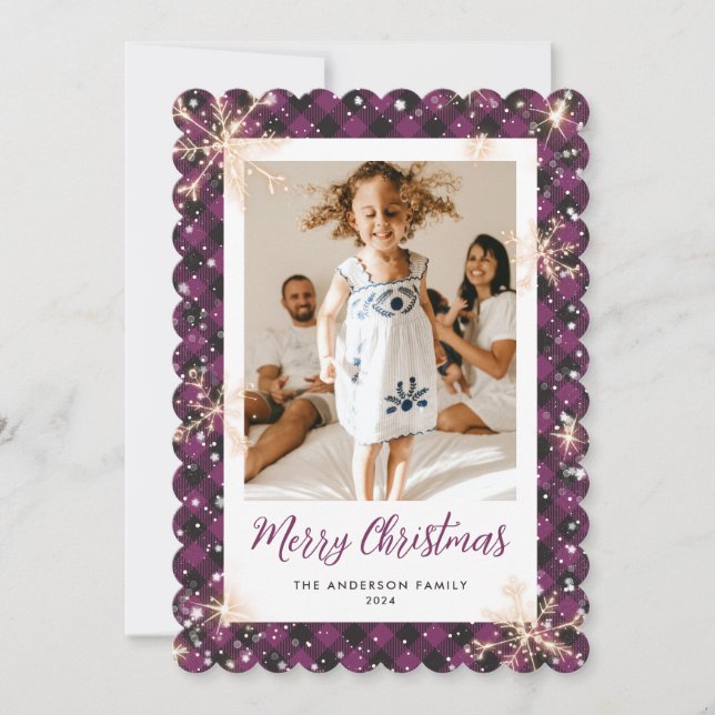 Lila Kariertes Snowflake Foto Frohe Weihnachten (Vorderseite)