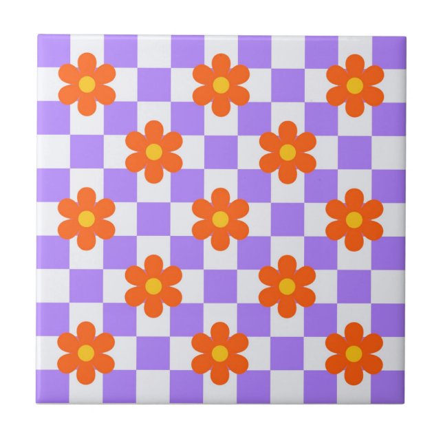 Lila Karo Muster mit orangefarbener Blume Fliese (Vorderseite)