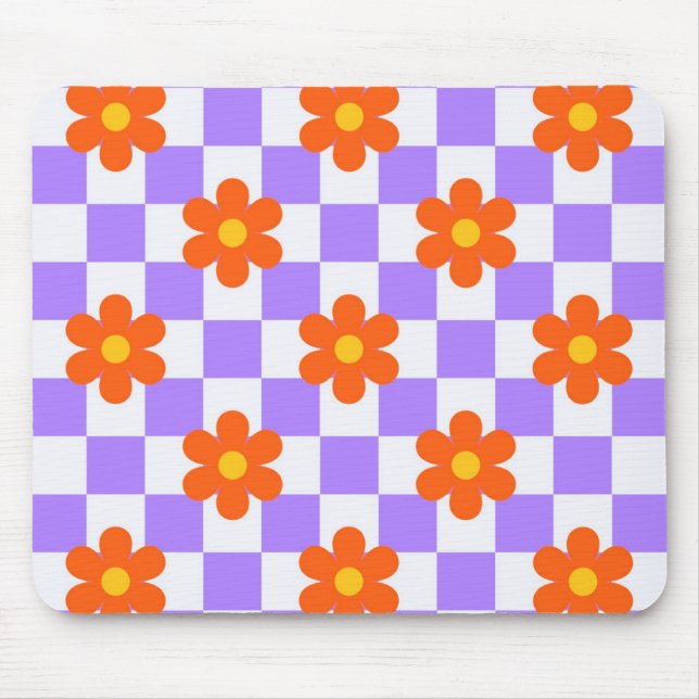 Lila Karo-Muster mit orangefarbener Hippie-Blume Mousepad (Vorne)